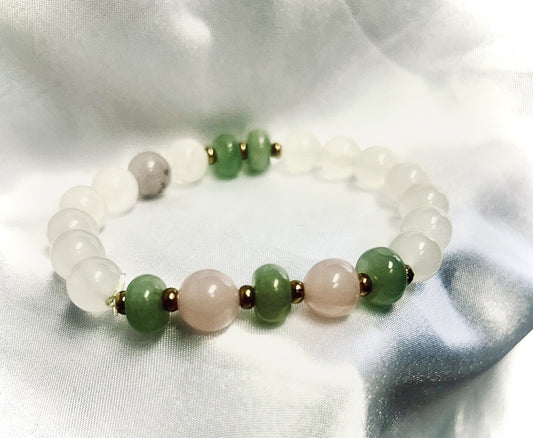 white pearls with green and pink